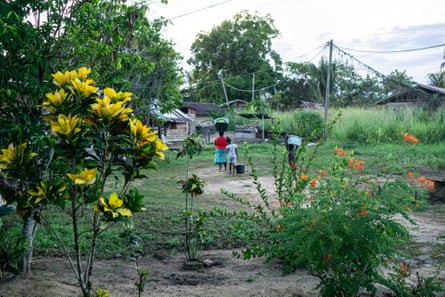Tropical flower bloom in the foreground and in the background a woman and two children carry plastic buckets of clothes.