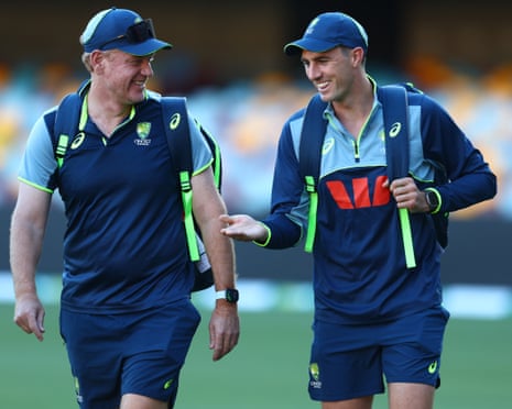 Australia captain Pat Cummins and head coach Andrew McDonald arrive at the Gabba for a training session ahead of the second Ashes Test