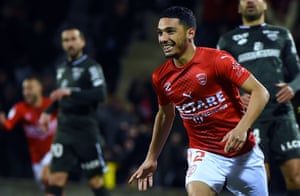 Yassine Benrahou celebrates after scoring for Nimes.