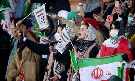 Iranian women at January’s men’s World Cup qualifier against Iraq in Tehran. It was the first national team home game female fans were allowed since 2019 but the ban returned for March’s match against Lebanon.