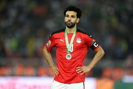 Egypt’s Mohamed Salah cuts a disconsolate figure after defeat in the 2022 Afcon final