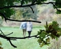 Walkers near woods with oak tree in foreground