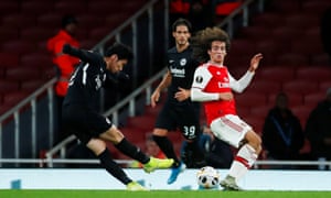 Eintracht Frankfurt’s Daichi Kamada fires in their second goal.