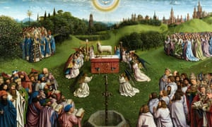Sacred art: a detail of the restored original of Adoration of the Mystic Lamb altarpiece (1432) by the brothers and Flemish artists Hubert van Eyck and Jan van Eyck at the Museum of Fine Arts in Ghent, Belgium.