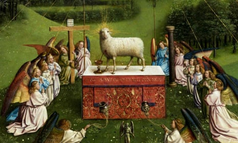 A detail of the restored original of the Adoration of the Mystic Lamb altarpiece (1432) by the brothers and Flemish artists Hubert van Eyck and Jan van Eyck at the Museum of Fine Arts Ghent (MSK) in Ghent.