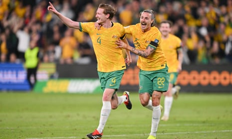 Kye Rowles celebrates scoring in the Socceroos World Cup qualifier against Lebanon at Commbank Stadium in Sydney. Follow for live scores and updates.