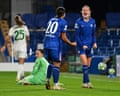 Wieke Kaptein (right) with Sam Kerr after scoring Chelsea’s second goal against Roma.