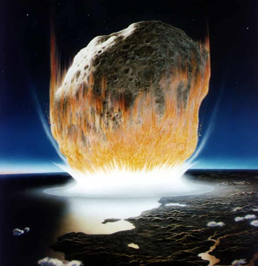This artist’s conception shows an asteroid crashing into Earth in an event that scientists believe occurred in the Caribbean region at the boundary of the Cretaceous and Tertiary periods.