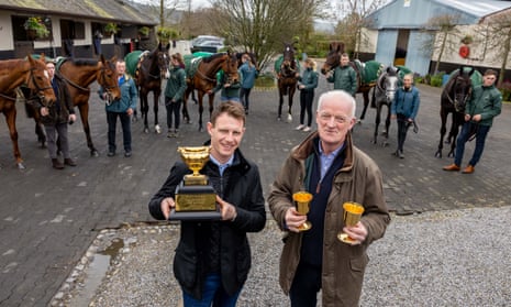 Gold Cup winning jockey Paul Townend and trainer Willie Mullins with his nine winners from the Cheltenham Festival at his yard in Carlow