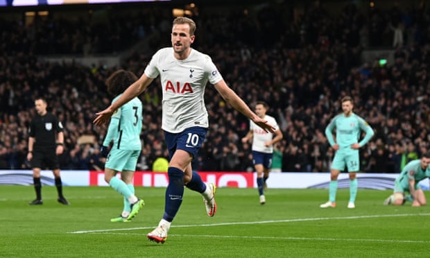 Tottenham’s Harry Kane celebrates scoring in the FA Cup defeat of Brighton. 