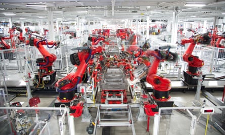 Inside Tesla’s car-production center in Fremont, California. The factory employs some 10,000 workers.