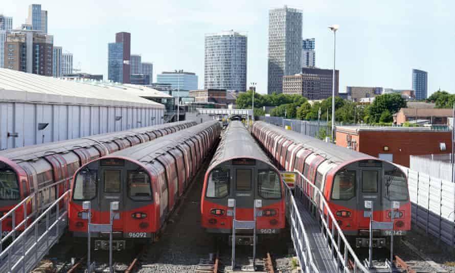 Jubilee line tube trains parked at London Underground Stratford Market Depot.