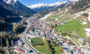 General aerial view taken on April 23, 2020 shows the village and ski resort of St Anton am Arlberg in Tyrol, Austria.
