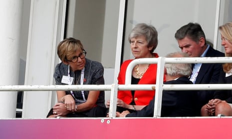 Theresa May looks on from the stands during England’s victory over South Africa in the cricket world cup on Thursday.