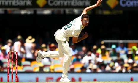Josh Hazlewood injured his side when bowling during Australia’s nine-wicket win over England in the first Ashes Test in Brisbane.