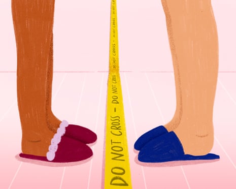 Two pairs of legs stand on either side of yellow caution tape that reads 'DO NOT CROSS'