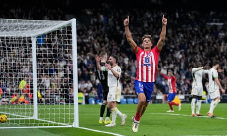 Atlético’s Marcos Llorente heads late leveller to dent Real Madrid’s title hopes