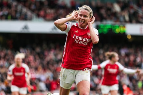 Arsenal's Cloe Lacasse celebrates scoring their side's third goal of the game during the Barclays Women's Super League match at the Emirates Stadium.