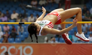 Over the top: England’s Louise Hazel competes in the Heptathlon High Jump during the Commonwealth Games, 2010.