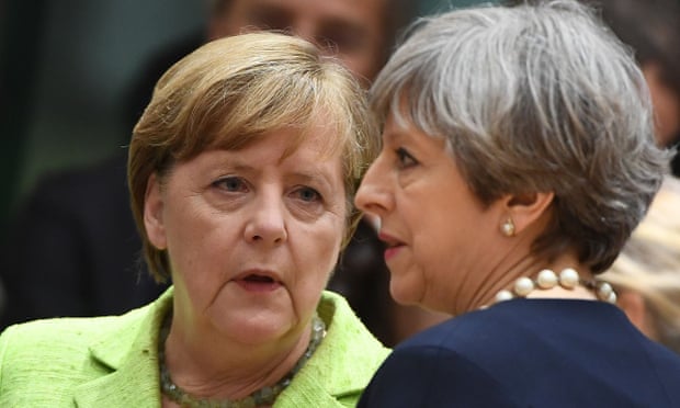 Germany’s chancellor Angela Merkel, left, with the British prime minister, Theresa May, last June at an EU leaders’ summit in Brussels.