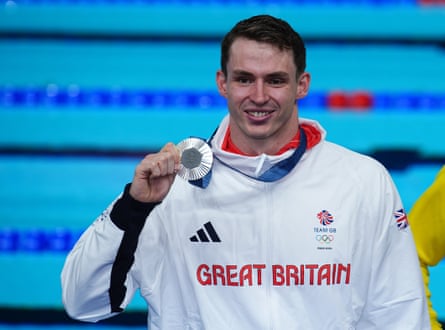 Great Britain’s Ben Proud with his silver in the men’s 50m freestyle at Paris 2024
