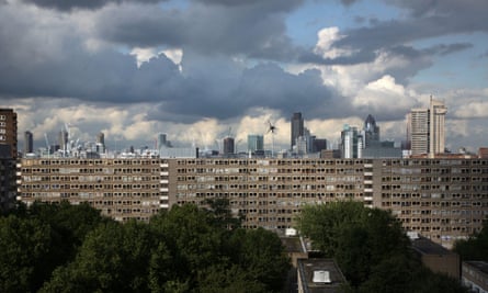 City of London skyline as seen from the Heygate Estate, Elephant &amp; Castle, London.