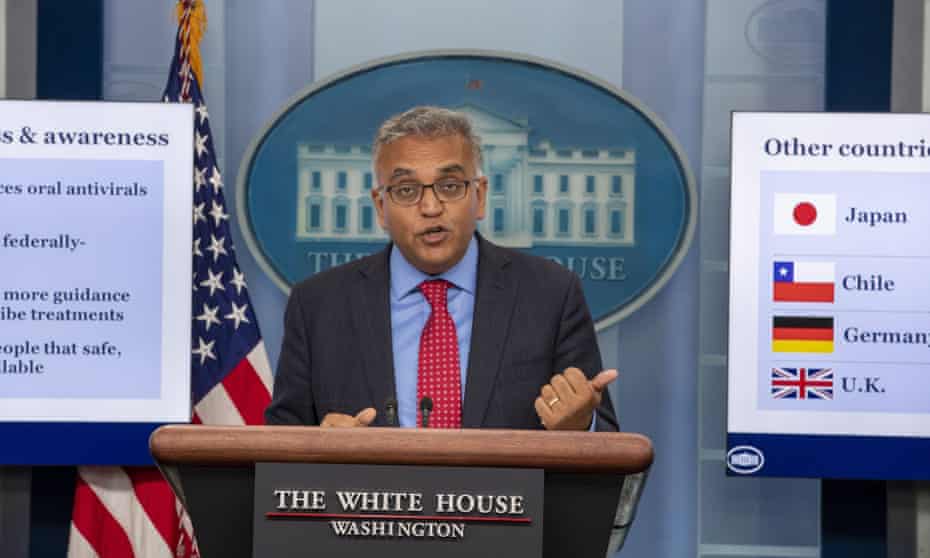 Ashish Jha, the White House coronavirus response coordinator talks to reporters at the White House in Washington, on 26 April.