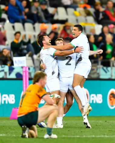 Australian women’s rugby sevens team win World Cup to complete triple crown | Australia rugby union team 2 Ireland celebrate their win over Australia in the men’s bronze final.