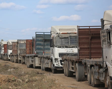 Trucks wait at the Kissufim crossing.