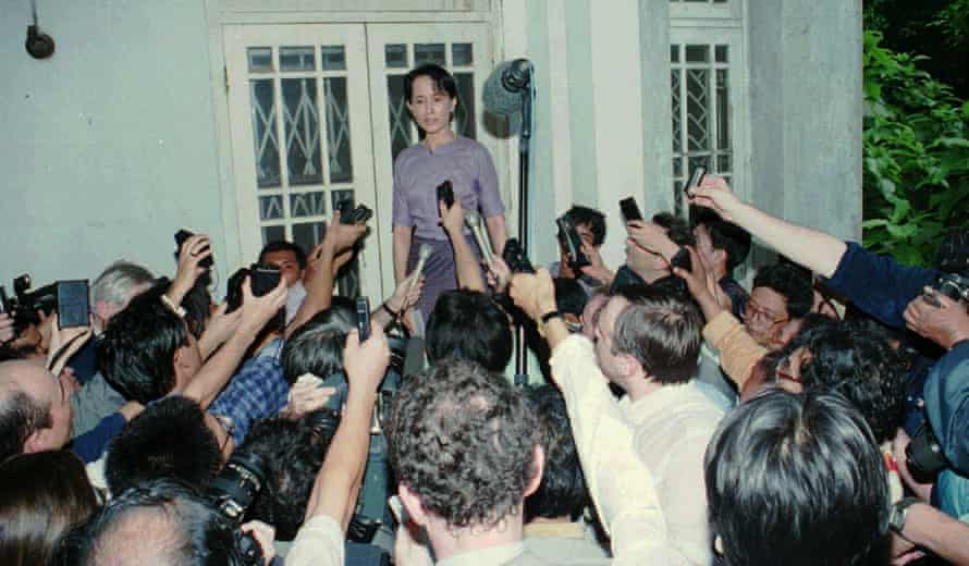 Aung San Suu Kyi at home on the first day of her release from house arrest on 11 July 1995 in Yangon
