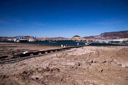 Half on the ground, an access ramp connects the Marina on Lake Mead, near Boulder, Nevada.