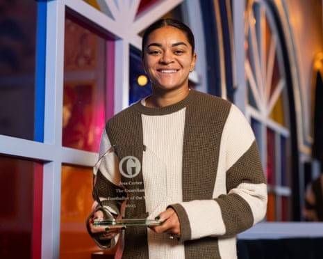 Jess Carter poses with the Guardian Footballer of the Year plaque at the The Terrace in Leamington Spa
