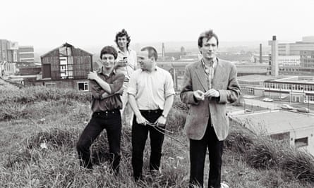 Gang of Four pictured in the late 1970s ... (L-R) Dave Allen, Jon King (background), Hugo Burnham, Andy Gill.