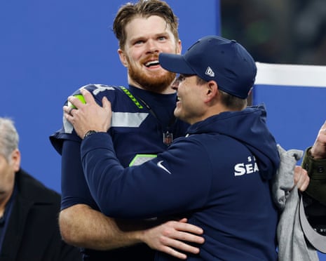 NFL Seahawks Rams, Seattle, Washington, United States - 26 Jan 2026Mandatory Credit: Photo by Gary Caskey/UPI/Shutterstock (16440454ad)
Seattle Seahawks quarterback Sam Darnold celebrates with head coach Mike MacDonald after the Seahawks defeated the Los Angeles Rams 31-27 to win their NFL Conference Championship game at Lumen Field in Seattle, Washington, on Sunday, January 25, 2026. The Seahawks advance to play the New England Patriots in the Super Bowl on February 8, 2026.
NFL Seahawks Rams, Seattle, Washington, United States - 26 Jan 2026