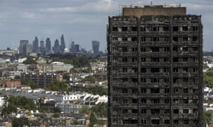 Grenfell Tower a month after the fire in June 2017.