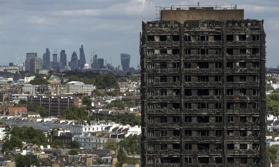 Grenfell Tower a month after the fire in June 2017.
