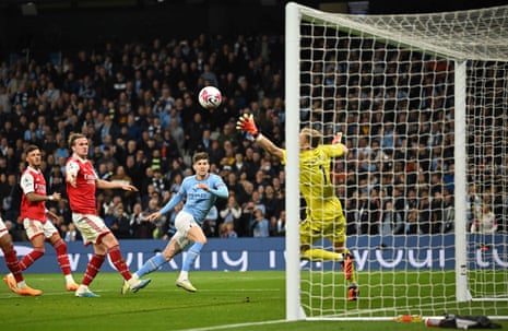 John Stones scores the second goal past Arsenal’s goalkeeper Aaron Ramsdale
