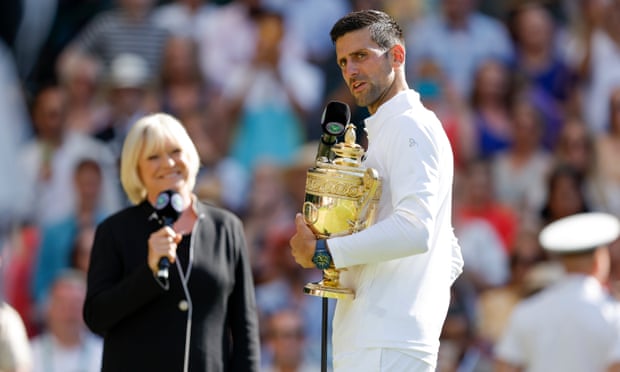 Novak Djokovic is interviewed on Centre Court by Sue Barker after beating Nick Kyrgios in the Wimbledon men’s singles final