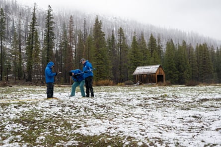 people measuring snow