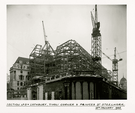 Steel construction work on the new Bank of England building in 1935.