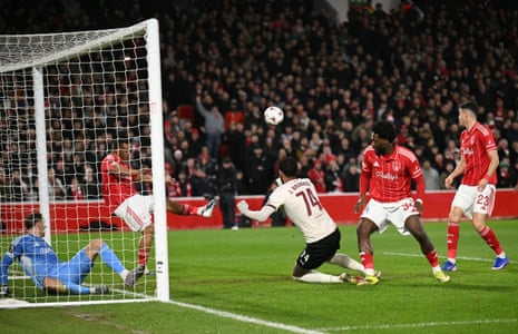 Murillo clears the ball off the line from a shot by Midtjylland's Brazilian forward Junior Brumado.