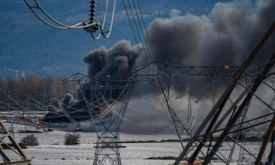 A fire burns at an RV dealership in Abbotsford, British Columbia, on 17 November.