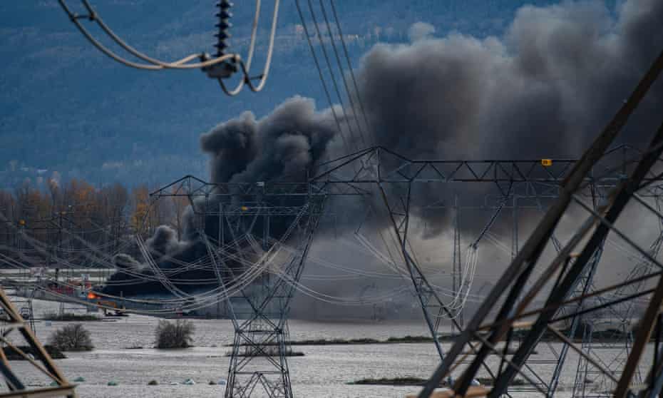 A fire burns at an RV dealership in Abbotsford, British Columbia, on 17 November. 