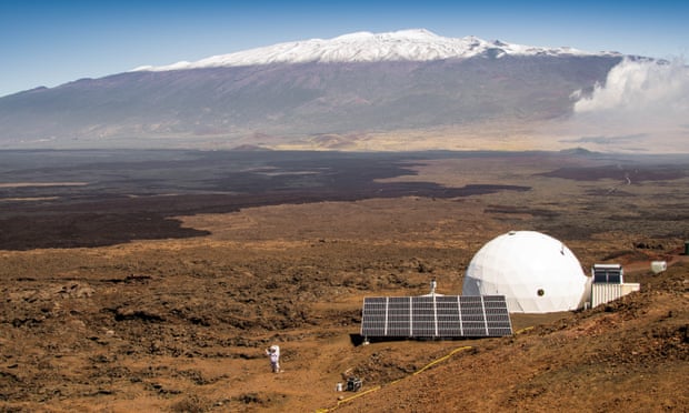 A scientist simulates working on the surface of Mars at the Hi-Seas habitat on the northern slope of Mauna Loa in Hawaii.