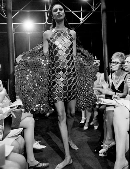 A model wearing a metal dress designed by Paco Rabanne in March 1968.