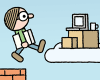 illustration of man stepping up to monitor in style of simple graphics simulator