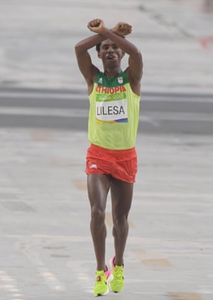 Feyisa Lilesa as he finished second in the marathon in Rio.