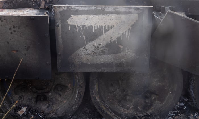 The letter ‘Z’ is seen on a destroyed Russian tank on March 31, 2022 in Malaya Rohan, Ukraine.