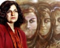 A middle-aged Arab woman in crimson at her home in Toronto in 2003 with a painting of veiled women behind her