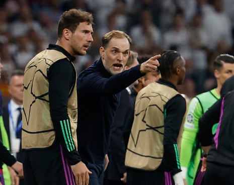 Bayern Munich coach Thomas Tuchel reacts after a Bayern goal is ruled out for offside.